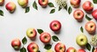 Apples frame on background. Top view of fresh apples on a background with place for banner text. Heap of fresh and ripe apples. Space for text
