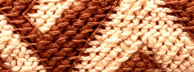The texture of a knitted wool product. A solid background of wool yarn in beige-brown color.