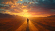 Man walking alone on a desert road toward mountains, generative ai