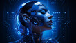 Cybernetic female with advanced neural interface portrait image. AI convergence with human traits photography shot. Futuristic closeup picture. Artificial intelligence concept photo