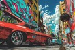 funky street scene with graffiti-covered walls, vintage cars, and people wearing afros and platform shoes, manga anime style