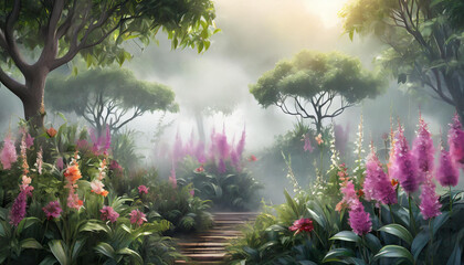 Wall Mural - Plants and flowers in the garden with mist, beautiful fog morning, art design