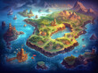 Fantastic map leading to the pirate treasure, in the background there is a sea with a pirate ship and an island with palm trees.