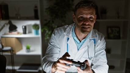 Wall Mural - A young hispanic man in a white lab coat plays a video game in a dimly-lit clinic room.