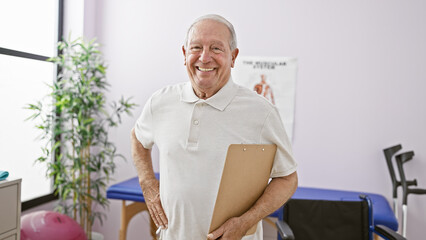 Sticker - Smiling senior man confidently holding clipboard as physio therapist in a rehab clinic