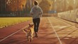 A girl with a dog goes in for sports, jogging in nature. Healthy lifestyle concept, training outside the home. Background for fitness advertising.