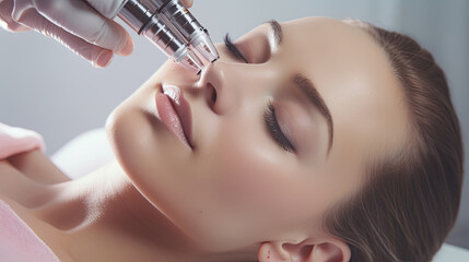 Beautiful woman face doing microneedling to care for facial skin in beauty clinic in light silver and pink color style