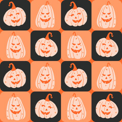 Wall Mural - Jack o Lantern in Checks Vector Seamless Pattern