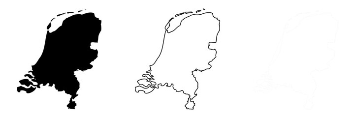 Sticker - Netherlands country silhouette. Set of 3 high detailed maps. Solid black silhouette, thick black outline and thin black outline. Vector illustration isolated on white background.