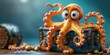 Playful 3D cartoon octopus with chest in deep blue sea setting