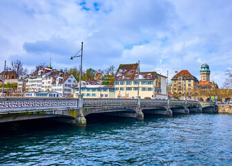 Poster - Rudolf-Brun-Brucke historic bridge and houses of Schipfe neighborhood, Zurich, Switzerland