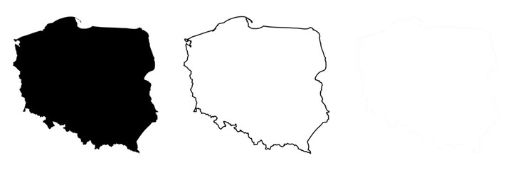 Wall Mural - Poland country silhouette. Set of 3 high detailed maps. Solid black silhouette, thick black outline and thin black outline. Vector illustration isolated on white background.