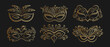 Luxurious golden carnival masks on a black background, collection. Icons, templates, holiday decor elements, vector