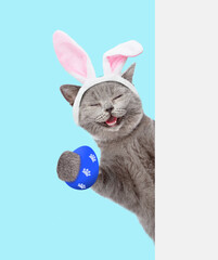 Wall Mural - Happy kitten wearing easter rabbits ears holds colorful easter egg and looks from behind empty white banner on blue background