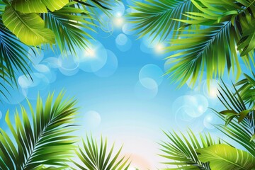 Wall Mural - Summer background with tropical leaves. Green leaves of plants against the blue sky. Illustration