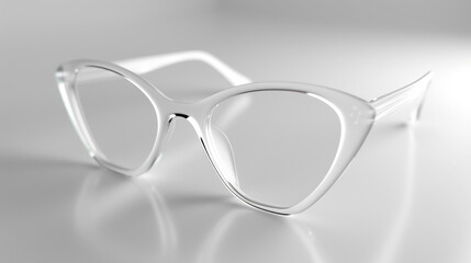 Opal white, translucent ladies' glasses, elegant and feather-light, on a smooth, frosted glass surface with a minimalist aesthetic. Ultra high details, 32K.