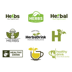 Wall Mural - Set of vector herbs drink or Tea logos on a green background