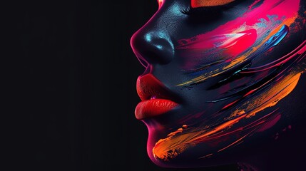 Wall Mural - Abstract portrait of a beautiful black woman with neon disco make up. AI generated image.