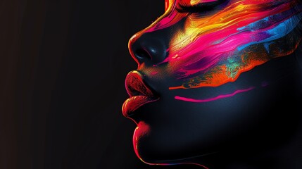 Wall Mural - Abstract portrait of a beautiful black woman with neon disco make up. AI generated image.