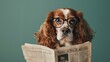 The dog is reading a newspaper with glasses. Educational concept. Advertising background for online courses, news channels.