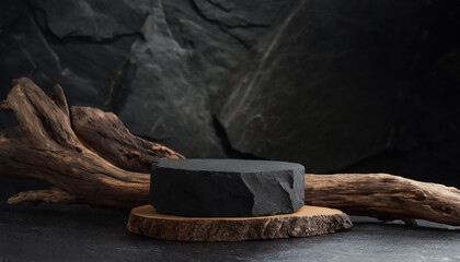 Wall Mural - A black rock podium with a rustic driftwood, on a dark rock texture background. ideal for product display.