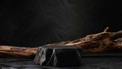 Wall Mural - A black rock podium with a rustic driftwood, on a dark rock texture background. ideal for product display.