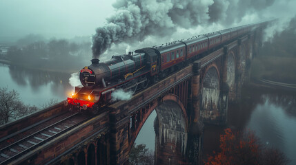 Wall Mural - Train pulled by a steam locomotive travels over the bridge.