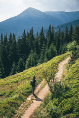 Wall Mural - man with backpack at forest trail mountains on background