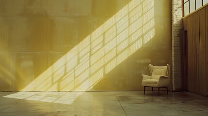 Photo of a large room with a light yellow wall and occasional translucent white bricks. Lots of natural light. Show corner with two walls. A modern armchair in the right corner, Vertical light brown w