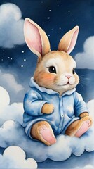 Wall Mural - Photo Of Cute Bunny In Pajama Sleeps On Cloud, Watercolor Hand Drawn Illustration, With White Isolated Background.