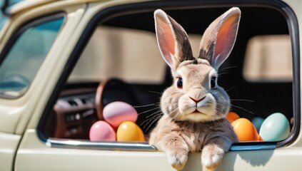 Wall Mural - Photo Of Easter Bunny, Eggs And Car, Holiday, Vacation And Festive Season With Pastel Color, Chocolate And Cute Face, Sunshine, Rabbit And Animal Portrait In Vintage Vehicle, Creative Celebration Art.