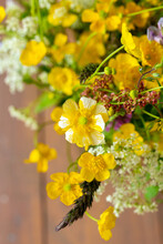 Small Yellow Wild Flowers Close Up In Meadow Bouquet, Mix Of Summer Herbs And Grass, Floral Botanical Vertical Photo