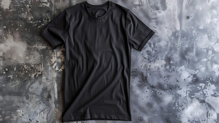 Wall Mural - Black T-Shirt Displayed on Abstract Gray Background for Product Mockups and Shirt Design Template
