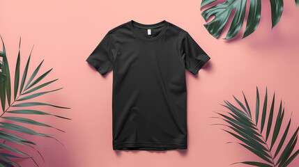 Wall Mural - Black T-Shirt With Palm Leaves on Pink Background for Product Mockup Design Template