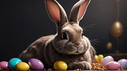 Wall Mural - Photo Of Easter Bunny With Chocolate Eggs And Candy In The, Est.