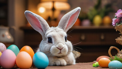 Wall Mural - Photo Of The Easter Bunny Enjoys A Leisurely Tea Time While Surrounded By Colorful Eggs.