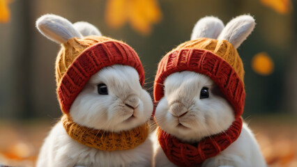 Wall Mural - Photo Of Two Little Funny Rabbits Dressed In Woolen Knitted Hats In Autumn.