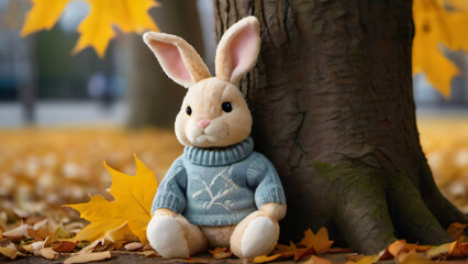 Wall Mural - Photo Of A Stuffed Animal Bunny In A Sweater Leaning Against A Tree In A, Est With Leaves On The Ground And A Yellow Maple Leaf In The, Eground.