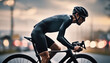 sideview of a road bicycle rider, copy space for text, motion blur
