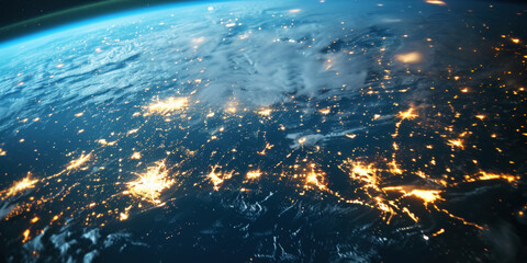 Wall Mural - big city lights view from space. planet earth globe with night realistic world map. communication co