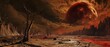 Hell visualized as a desolate, charred wasteland, with cracked earth, ashen skies, and remnants of destruction, under a foreboding, blood-red moon. 