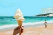 Savoring gelato by the beach on a sunny day. Concept Beach Food Adventures, Sunny Day Treats, Gelato Delights, Summer Desserts, Relaxing by the Coast