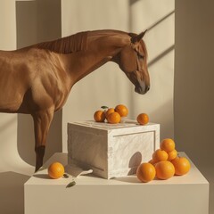 Poster - a horse standing next to a white box with oranges