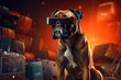 The boxer dog uses virtual reality glasses, there is an unreal world around him