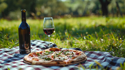 Wall Mural - Pizza and wine, summer picnic.