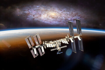 Wall Mural - international space station on orbit of earth planet. iss with stars and galaxies. elements of this 