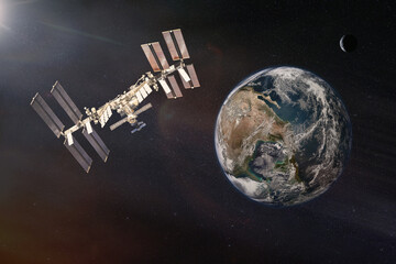 Wall Mural - international space station with solar panel with earth planet. iss with stars and galaxies. element