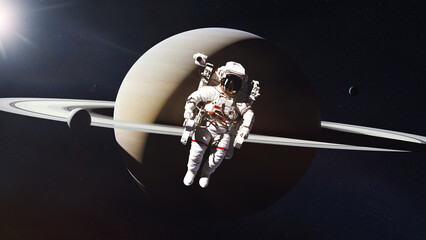 Wall Mural - cosmonaut is flying in deep space on saturn planet background. elements of this image furnished by n