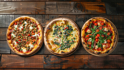 Wall Mural - Three pizzas on a wooden table.