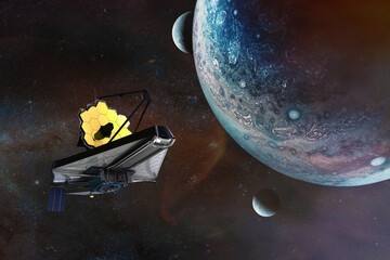 Wall Mural - james webb telescope explores deep space on alien planets background. jwst launch art. elements of t